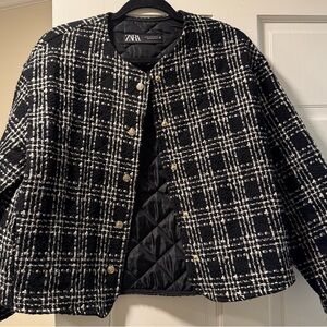 Zara Women's Black and White Checkered Blazer